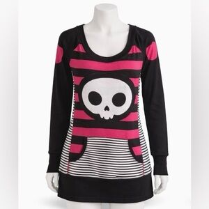 Skelanimals Skull Striped Top Black Red & White Goth Emo Y2K Size L